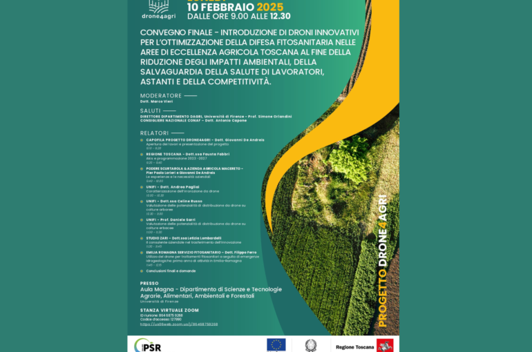 CONVEGNO FINALE – INTRODUZIONE DI DRONI INNOVATIVI PER L’OTTIMIZZAZIONE DELLA DIFESA FITOSANITARIA NELLE AREE DI ECCELLENZA AGRICOLA TOSCANA AL FINE DELLA RIDUZIONE DEGLI IMPATTI AMBIENTALI, DELLA SALVAGUARDIA DELLA SALUTE DI LAVORATORI, ASTANTI E DELLA COMPETITIVITÀ