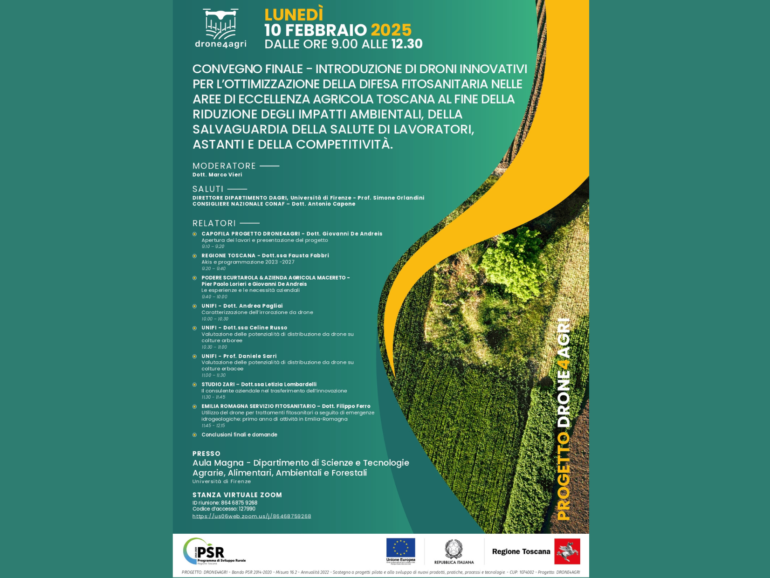 CONVEGNO FINALE – INTRODUZIONE DI DRONI INNOVATIVI PER L’OTTIMIZZAZIONE DELLA DIFESA FITOSANITARIA NELLE AREE DI ECCELLENZA AGRICOLA TOSCANA AL FINE DELLA RIDUZIONE DEGLI IMPATTI AMBIENTALI, DELLA SALVAGUARDIA DELLA SALUTE DI LAVORATORI, ASTANTI E DELLA COMPETITIVITÀ